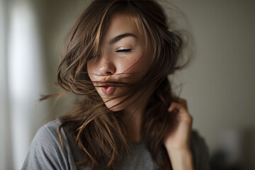 Wind-kissed hair frames an Asian young woman in a whimsical dance, evoking the playful spirit of Holi and National Hairball Awareness Day