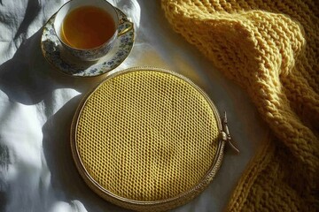 Yellow round pouch on a white surface with teacup and knitted scarf