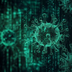 Obraz premium Digital Rendering of Coronavirus: A Green Matrix Code Representation of COVID-19's Global Impact on Health and Technology