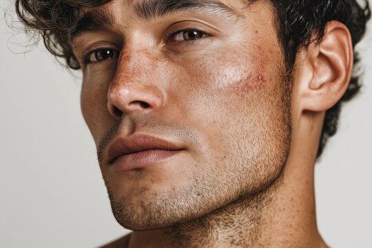 High-resolution close-up portrait of a young man with irritated skin and redness on his cheek caused by shaving razor burn.
