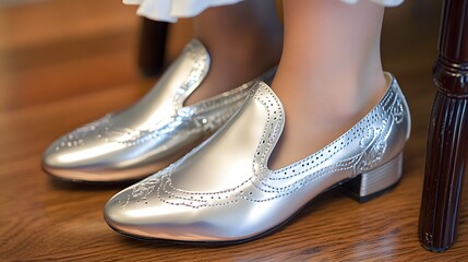 Elegant Silver Girls Shoes Low Heels Detail