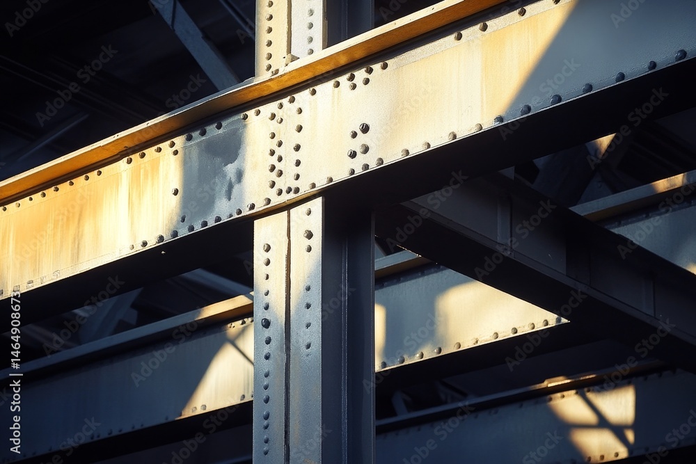 Poster intersecting metal beams in a factory structure.
