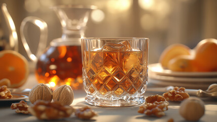A spiced cognac cocktail paired with nuts served on sophisticated tableware creating a classy setting