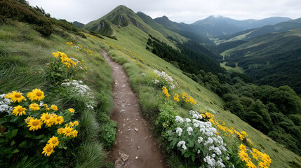 A winding path through sun-drenched wildflowers whispers tales of midsummer solstice magic and enigmatic Celtic wanderlust