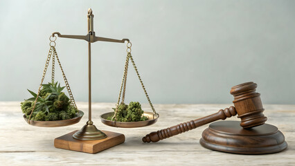 Marijuana leaves on scales symbolizing legal battles, social issues, and scientific research in law on a simple background