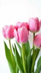 Fototapeta premium Row of blossoming pink tulips, stark white setting, blossom, plant, white