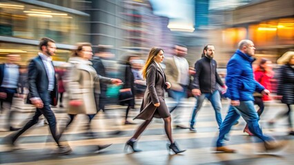 Obraz premium People crossing a busy city street depicted with motion blur creating dynamic visuals