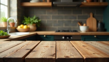Rustic wooden table, blurred kitchen backdrop, cooking, scene