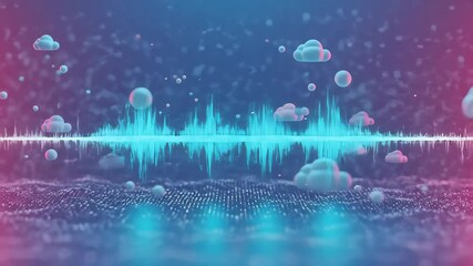 Electronic Audio Waveform with 3D Cloud Elements on Blue and Pink Gradient - Powered by Adobe