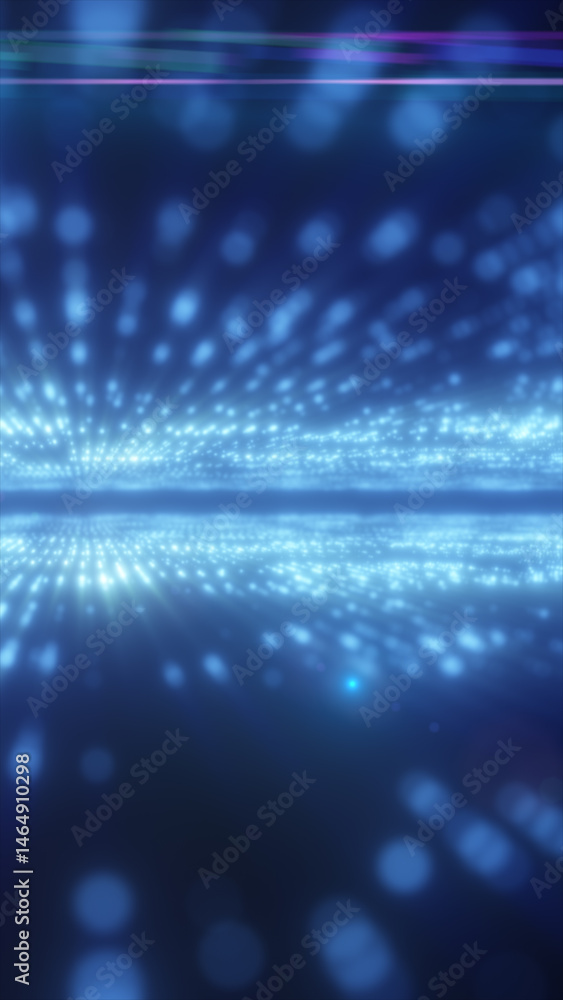 Poster abstract digital space with glowing blue particles and light rays creating a futuristic depth effect