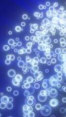 Abstract composition of glowing blue particles resembling floating bubbles on a dark background, evoking a sense of fluidity and motion