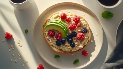 Healthy breakfast flat lay featuring oatmeal, fresh berries, avocado toast, and coffee with a neutral kitchen background, enhanced by bright natural lighting and a clean food