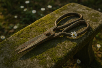 Vintage rusted iron scissors resting on a moss-covered stone bench with a white daisy delicately placed on the handle..