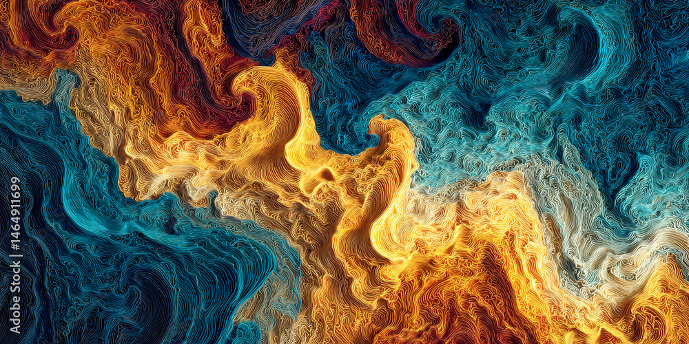 Poster Abstract image with swirling, textured lines in gold and teal hues, creating a dynamic and visually captivating effect, showcasing fluidity and movement