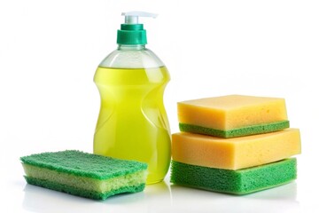 Dishwashing Liquid and Sponges Isolated on White
