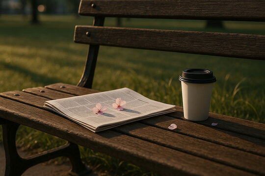 Newspaper with cherry petals and takeaway coffee cup on wooden park bench under warm sunlight in spring..