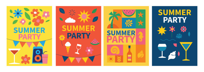 Festive Summer Party Posters: a vibrant display of colorful posters announces a fun summer party. Featuring refreshing drinks, colorful graphics, creating an exciting vibe of celebration.