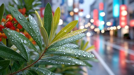 Rain Kissed Leaves and City Lights Vibrant Urban Nature Scene