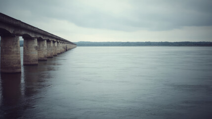 Fototapeta premium Misty horizon over serene river under ancient stone bridge, echoes of bygone journeys, perfect for National Water Quality Month