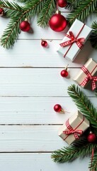Weathered white wood, Christmas gifts, holiday banner Happy Holidays & Merry Christmas , snowflakes, red, wood