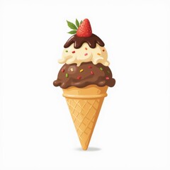 Closeup of strawberry, banana, and chocolate ice cream cone with brigh