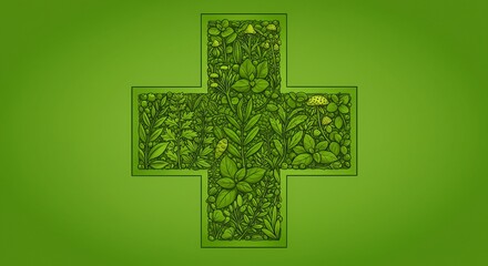 Obraz premium Green Cross Symbol with Leaf Pattern Background