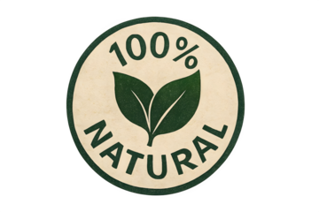 A circular label displaying 100% NATURAL with a green leaf design, emphasizing natural product attributes. Concept Natural Product Label, Eco-Friendly Design, Green Leaf Motif, 100% Natural Emphasis
