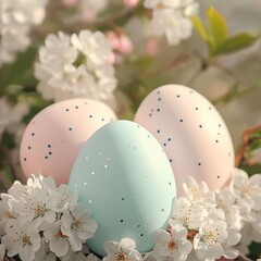 Fototapeta premium Pastel Easter Eggs Nestled in Delicate Blossoms, A Springtime Celebration of Color and New Beginnings, Perfect for Festive Decor and Holiday Cheer