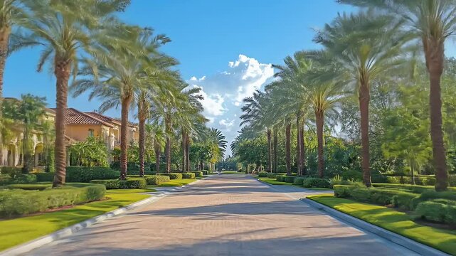 Sunny Suburban Street Scene with Palm Trees Houses Greenery and Blue Sky Showing Residential Architecture and Landscaping With a Tropical Vibe on Clear Weather