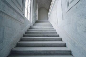 Grand marble staircase ascends to ethereal light, evoking timeless journeys, All Hallows' Eve mystique, architectural daydreams of grandeur