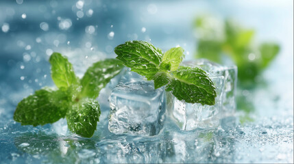 ミントと氷が輝く清涼感あふれる背景素材（コスメ・食品・清涼感・夏）