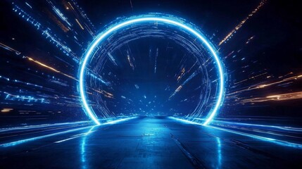 Obraz premium Mesmerizing neon blue portal in an abstract futuristic setting.