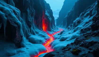 Fototapeta premium Obsidian cliffs, blue ice, orange lava flow, subterranean river, glacial valley, glowing moss, dramatic landscape.