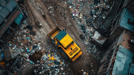 Yellow Bulldozer Working in Urban Garbage Dump