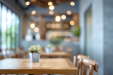 Serene Cafe Interior: Soft Lighting, Wooden Tables, and Tranquil Ambiance