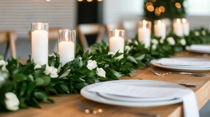 Elegant candlelit table adorned with lush greenery evokes yuletide feasting, Hygge gatherings, celebrating warmth and tranquility