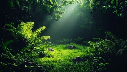 Fototapeta premium Discover the serene beauty of a foggy dark forest oasis.