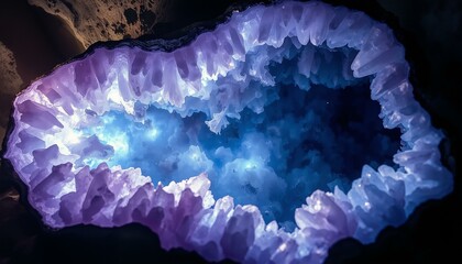 Geode filled with swirling purple light, resembling frozen aurora within amethyst quartz crystals.
