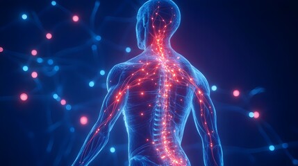 Human body with glowing red pain points on neural pathways illustrating pain or nerve stimulation,