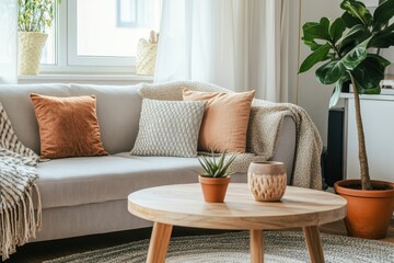 A living room with sofa pillows table plants and window with curtains