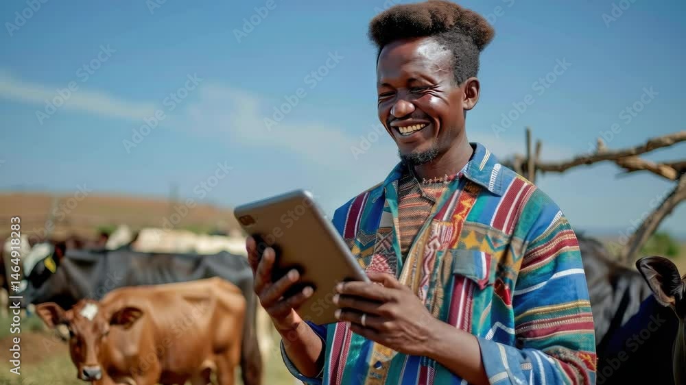 Poster man using tablet while smiling on farm with cows in the background during sunny day in rural setting