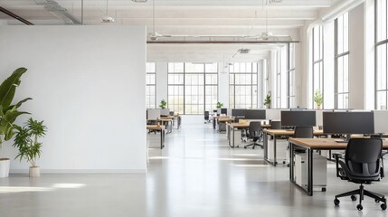 Fototapeta premium Minimalist office interior with blank wall for poster mockup and bright open workspace featuring modern furniture and natural light 