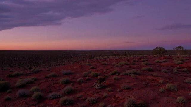 Red kangaroo hopping across australian outback at sunrise
