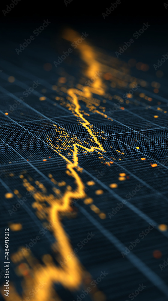 Poster abstract image of a glowing orange line graph on a dark blue grid background, representing data visu
