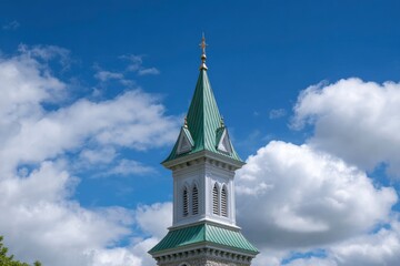 Church Steeple: Green Roof, White Walls, Blue Sky
