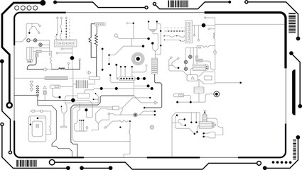 Technology black circuit diagram concept. High-tech circuit board connection system. Vector abstract technology on white background. 