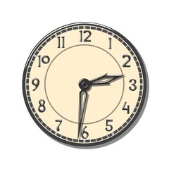 Elegant vintage round wall clock in antique flat style isolated on white background