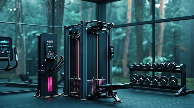 Modern gym interior with teal lighting, featuring various fitness equipment against a backdrop of lush green forest scenery viewed through large windows.  The space is sleek and minimalist