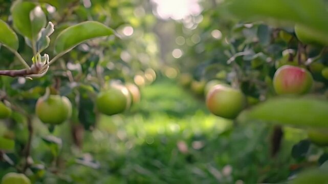 Sun Drenched Apple Orchard Row Featuring Green Apples Red Tones and Vibrant Green Leaves on Trees in a Rural Setting Under Soft Natural Light