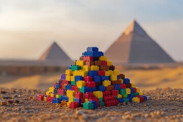Colorful pyramid of building blocks in desert landscape